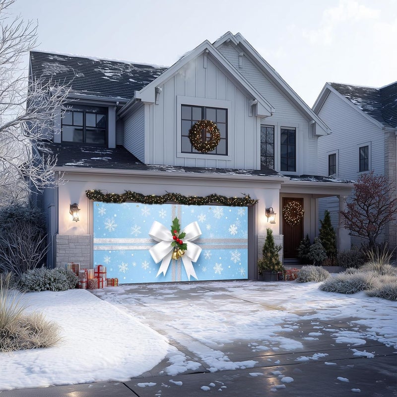 IVN Christmas Garage Door Banner 6x13 ft Blue Snowflake Gift Wrap with White Ribbon and Silver Bells Backdrop Decorative Holiday Christmas Garage Door Cover Mural Winter Scene Photo Backdrop - Image 2